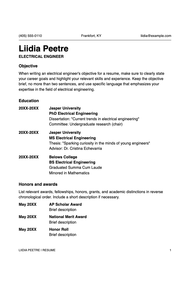 Modern multi page resume - Clean, professional resume template for engineers featuring education, objective, honors, and contact sections.